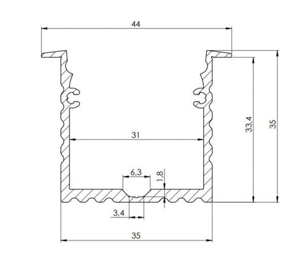 tekening en afmetingen led profiel power line 35mm inbouw